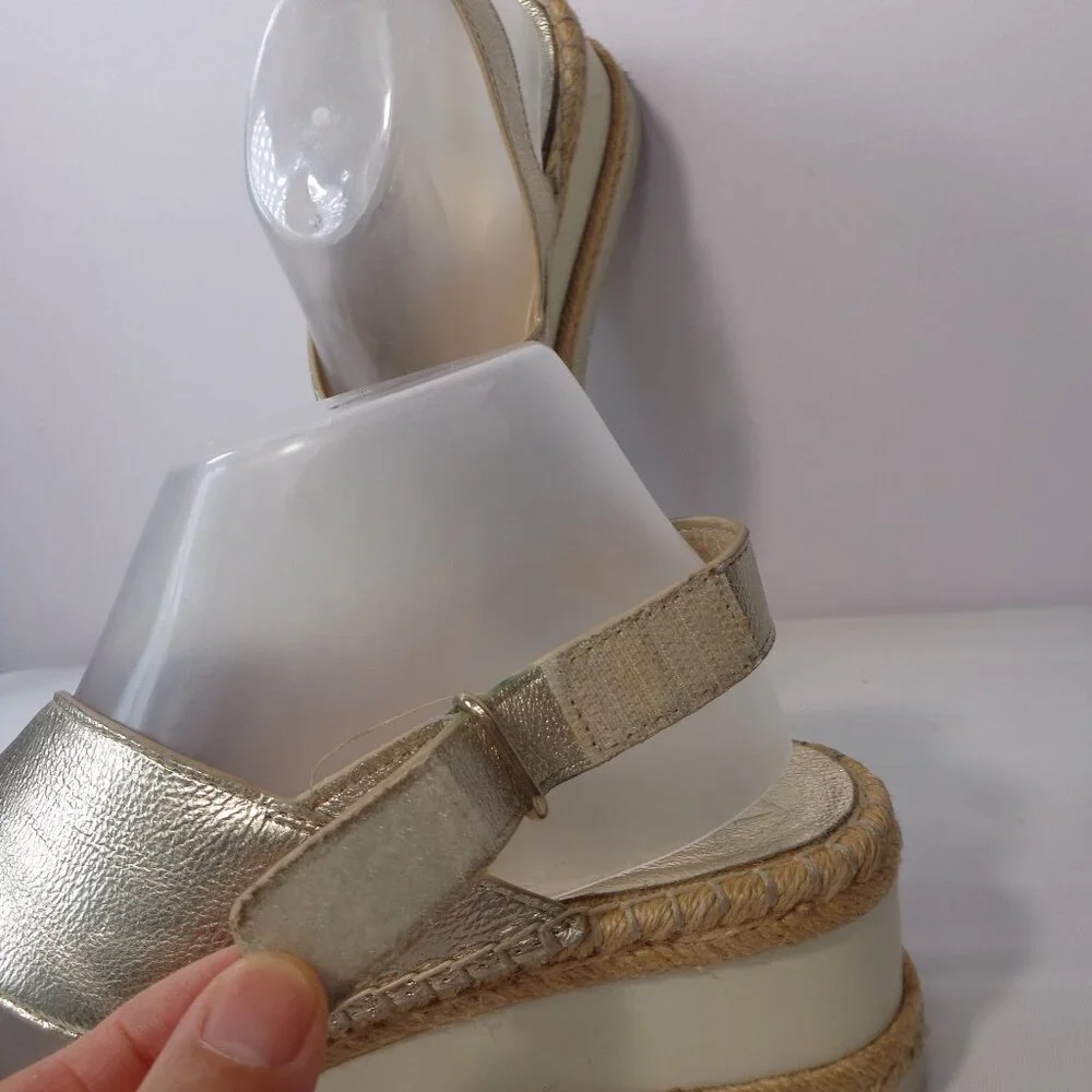 Marc Fisher Metallic Gold Leather Espadrille Platform Wedge Sandal Womens Sz 7.5